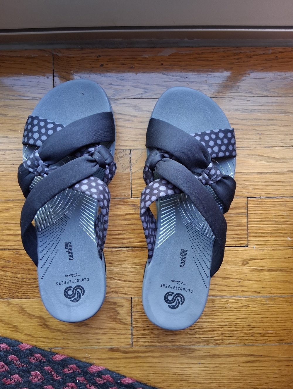 Clarks Black & Gray Polka Dot Knotted Slide Sandals